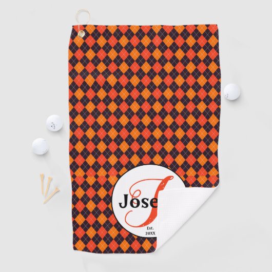 オレンジ ブラック アーガイル モノグラム ゴルファーのお気に入り ゴルフタオル (インサイチュ)
