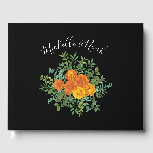 オレンジ & ブラック ゴシック ペオニー & ローズ フラワー ウェディング ゲストブック (正面)