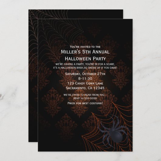 オレンジ & ブラック ダマスク ハロウィンパーティーの招待状 招待状 (正面/裏面)