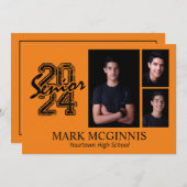 オレンジ ブラック ハイスクール クラス 2024 卒業式 招待状 (正面/裏面)