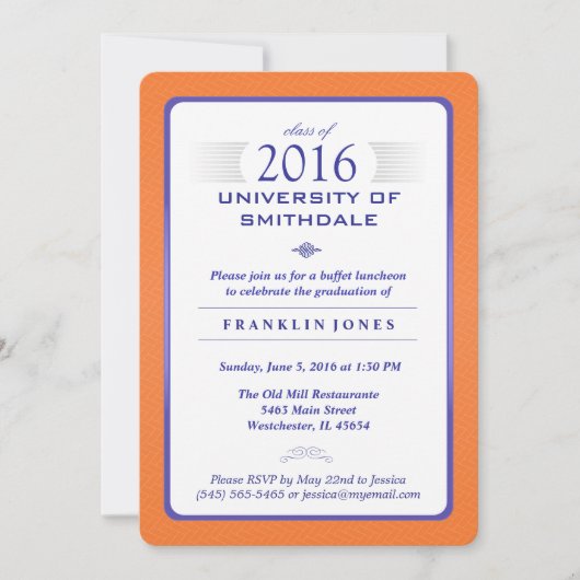 オレンジ&ブルーの卒業パフォーマルーティー招待状 招待状 (正面)