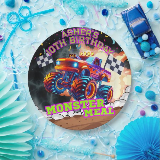 オレンジ&ブルーモンスタートラックキッズオフロード誕生日 ペーパープレート (パーティー)