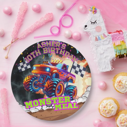 オレンジ&ブルーモンスタートラックキッズオフロード誕生日 ペーパープレート (パーティー)