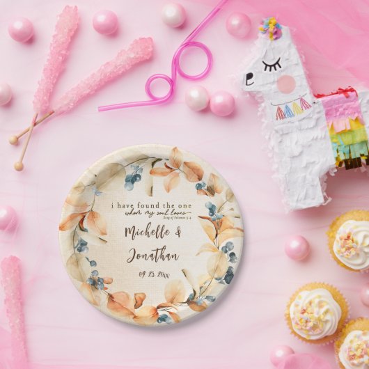 オレンジ&ブルー秋フローラ感動的結婚ズ ペーパープレート (パーティー)