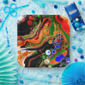 オレンジ、ブルー、グリーン、ブラックデジタル流体アート ペーパープレート (パーティー)