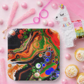 オレンジ、ブルー、グリーン、ブラックデジタル流体アート ペーパープレート (パーティー)