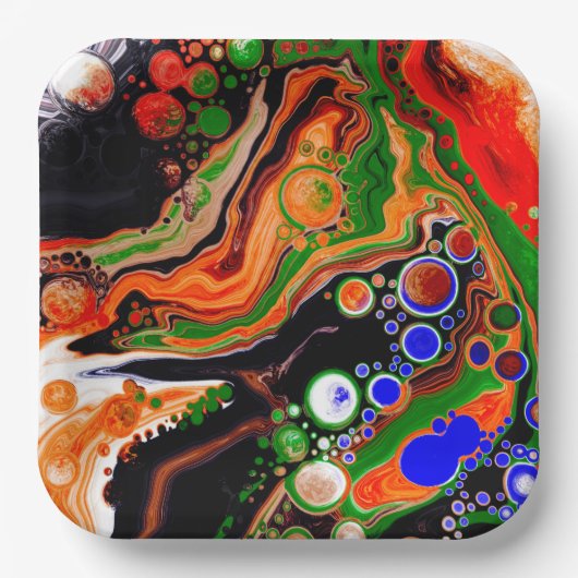 オレンジ、ブルー、グリーン、ブラックデジタル流体アート ペーパープレート (正面)