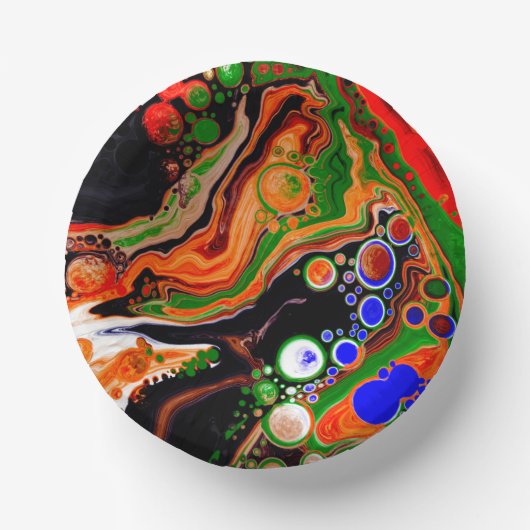 オレンジ、ブルー、グリーン、ブラックデジタル流体アート ペーパーボウル (正面)