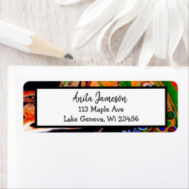 オレンジ、ブルー、グリーン、ブラックデジタル流体アート ラベル