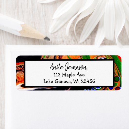 オレンジ、ブルー、グリーン、ブラックデジタル流体アート ラベル (インサイチュ)