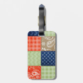 オレンジ、ブルー、ブラウン、セージ緑のパッチワーク ラゲッジタグ (裏面縦)