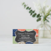 オレンジ、ブルー、ブラウン、セージ緑のパッチワーク 名刺 (スタンド正面)