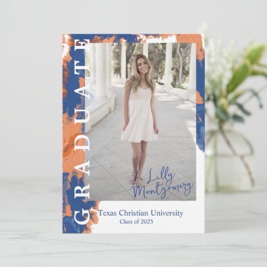 オレンジ & ブルー マーブル フォト 卒業おめでとう 招待状 (スタンド正面)
