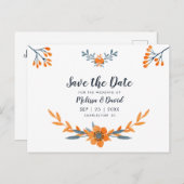 オレンジ ブルー 水彩 花 ロマンチック ウェディング 案内ポストカード (正面/裏面)