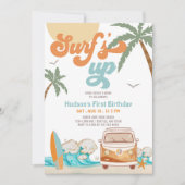 オレンジ ブルー 誕生日おめでとう 少年 サーフィン 1歳 招待状 (正面)