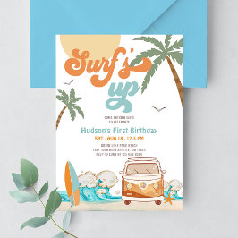 オレンジ ブルー 誕生日おめでとう 少年 サーフィン 1歳 招待状
