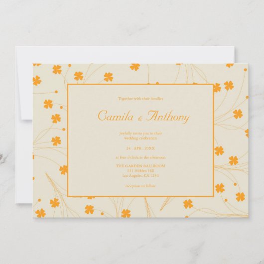 オレンジ ベージュ レトロ Y2K 70年代 花柄 招待状 (正面)