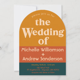 オレンジ ペコック モダン レトロ アーチド インビテーション