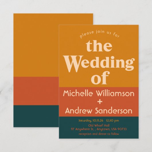 オレンジ ペコック モダン レトロ 3.5x5 招待状 (正面/裏面)