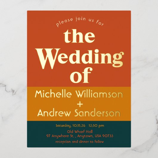 オレンジ ペコ モダン レトロ 箔招待状ポストカード (正面)