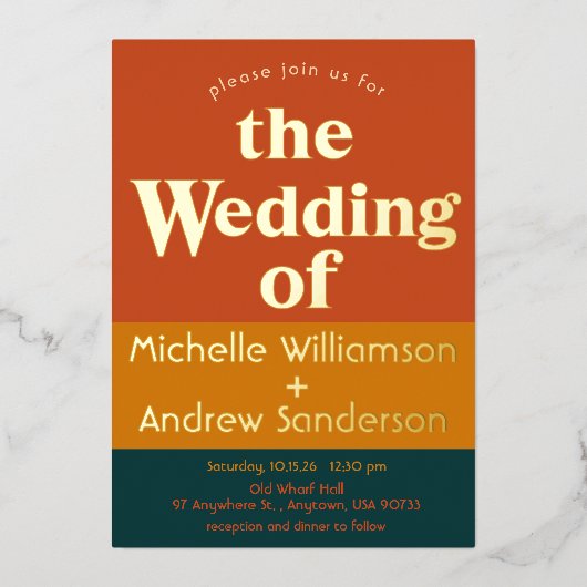 オレンジ ペコ モダン レトロ 箔招待状 (正面)