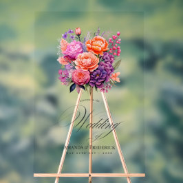 オレンジ、ホットピンク & ロイヤルパープルの花の結婚式 アクリルサイン