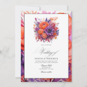 オレンジ、ホットピンク & ロイヤルパープルの花の結婚式 招待状 (正面)