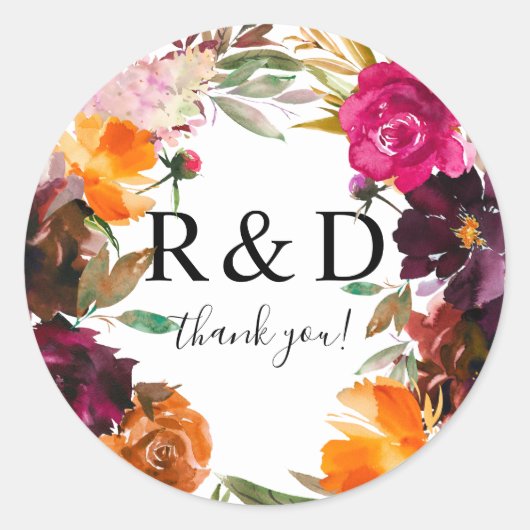オレンジ、ホットピンク、紫の秋フローラモノグラム3- ラウンドシール (正面)