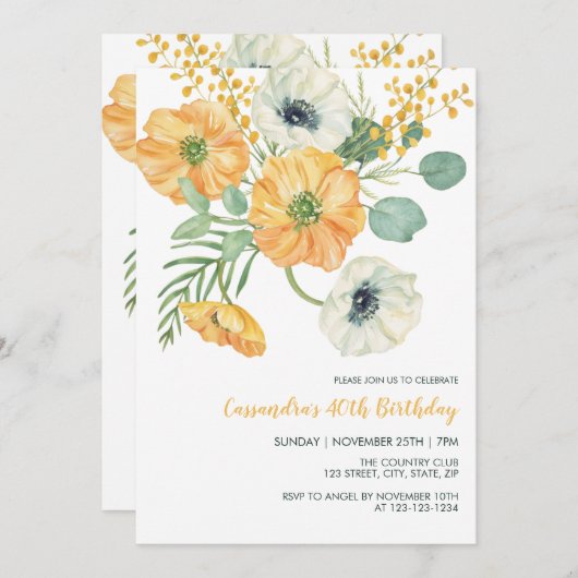 オレンジ&ホワイトアネモネグリーンリー誕生日 招待状 (正面/裏面)
