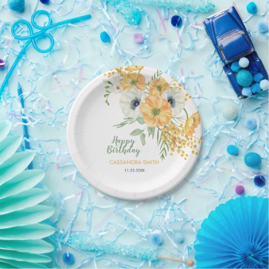 オレンジ&ホワイトアネモン春フローラ誕生日 ペーパープレート (パーティー)