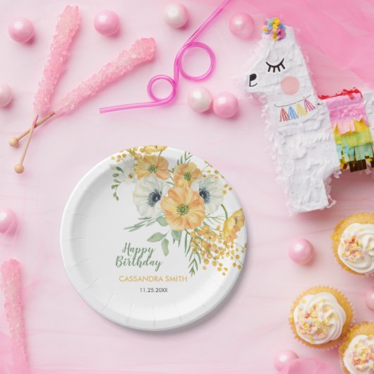 オレンジ&ホワイトアネモン春フローラ誕生日 ペーパープレート (パーティー)