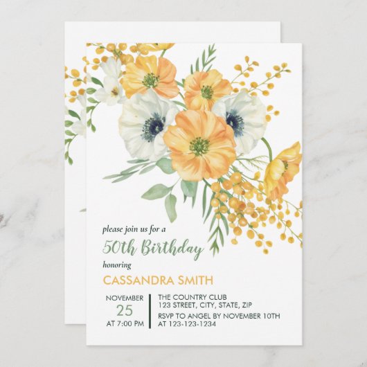 オレンジ&ホワイトアネモン春フローラ誕生日 招待状 (正面/裏面)