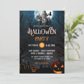 オレンジ&ホワイトハンテッドハウスハロウィーンパーティー招待状 招待状 (スタンド正面)