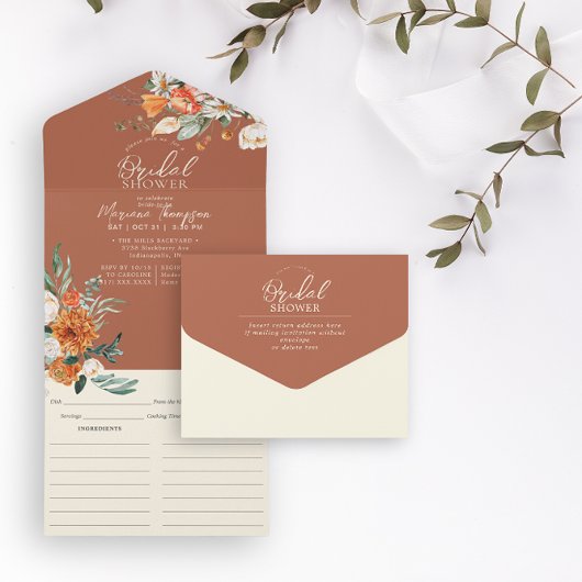 オレンジ&ホワイトフローラブライダルシャワー&レシピ オールインワン招待状