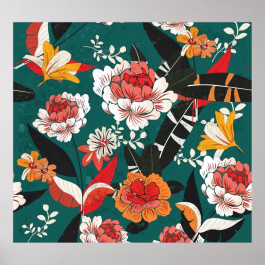 オレンジ – ホワイトフローラ:ヴィンテージシームレスイラストレーション ポスター (正面)