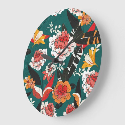 オレンジ – ホワイトフローラ:ヴィンテージシームレスイラストレーション ラージ壁時計 (傾斜)