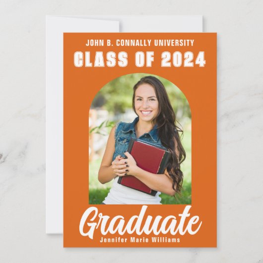 オレンジ・ホワイト大学院モダン写真はっきりした卒業 案内状 (正面)