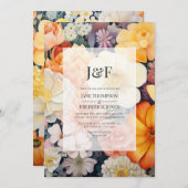 オレンジ、ホワイト、ゴルデンロッドのフローラ結婚ズ 招待状 (正面/裏面)