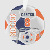 オレンジ、ホワイト、ダークブルーのパーソナライズされたサッカー⚽ オーナメント (正面)