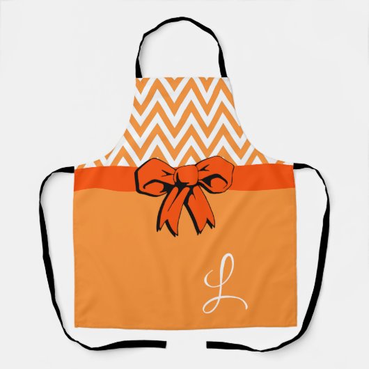 オレンジ&ホワイト パンプキンスパイス フェイクボウ パーソナライズド エプロン (正面)