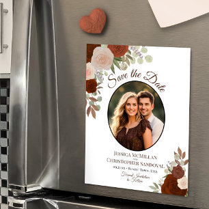 オレンジ・ボホフラワーのフォト ウェディング・セーブ・ザ・デート マグネット招待状