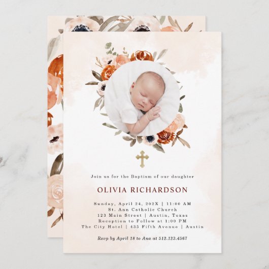 オレンジ・ボホ |水彩バプティスマ写真 招待状 (正面/裏面)