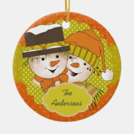 オレンジ/マスタード点々のある雪だるまホリデーオーナメント セラミックオーナメント