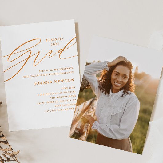 オレンジ ミニマル 卒業パーティー 招待状