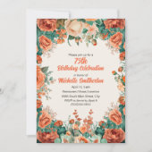 オレンジ ミント グリーン 水彩 花柄 75歳 誕生日 招待状 (正面)