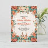 オレンジ ミント グリーン 水彩 花柄 75歳 誕生日 招待状 (スタンド正面)