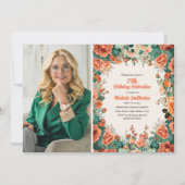 オレンジ ミント グリーン 花柄 75歳 誕生日 フォト 招待状 (正面)