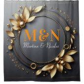 オレンジ モノグラム 現代スクリプト 結婚式 グレー シャワーカーテン (正面)