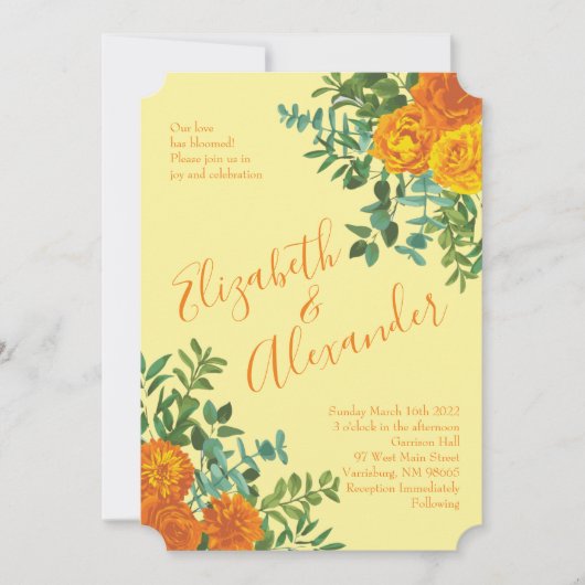オレンジ&ライトイエロー牡丹&バラフローラ結婚ズ 招待状 (正面)