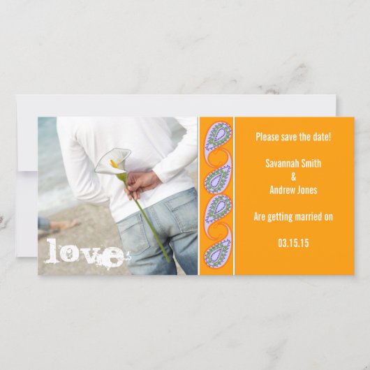 オレンジ&ラベンダーペイズリー日付を保存 セーブザデート (正面)
